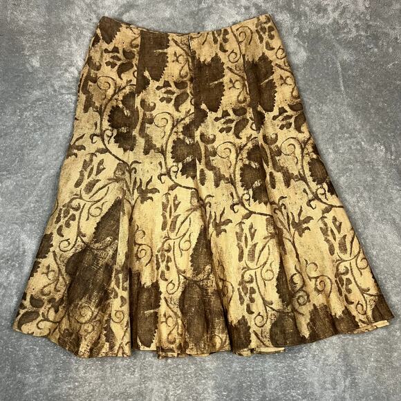 Ralph Lauren Midi Skirt Womens 8P 100% Linen Brown Floral Peasant Boho - Picture 5 of 8